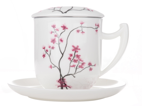 Teetasse mit Sieb und Deckel Fleurette Bone China Porzellan